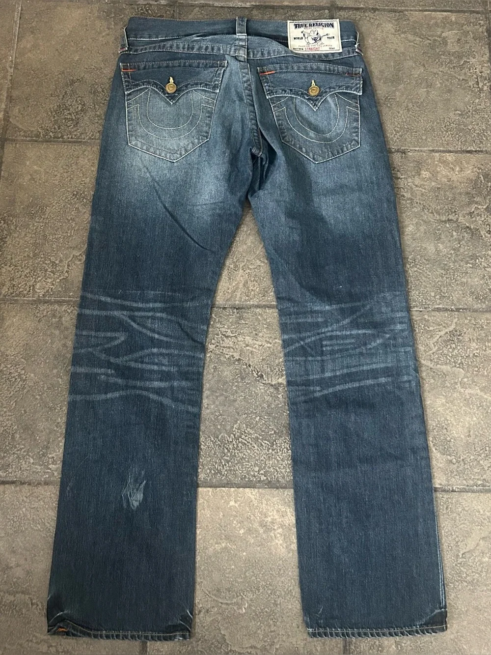 True Religion Jeans Adult Size 32 Blue Section Straight World Tour 5 Pocket Mens